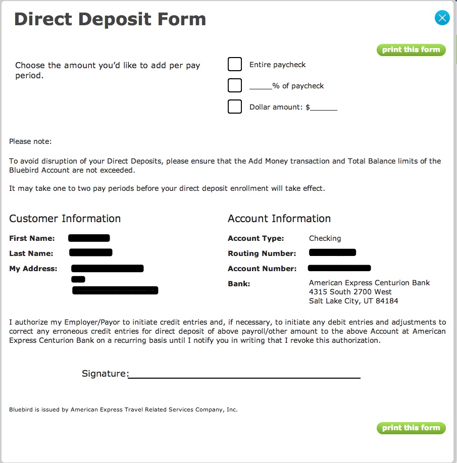 Walmart Bluebird Direct Deposit Form - American Express Bluebird Card Help